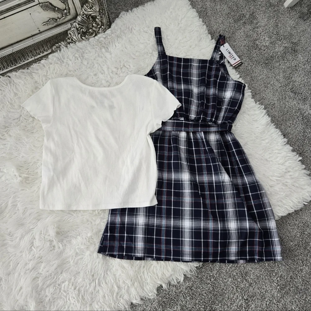 Limited Too Girl's Plaid Jumper Dress & Tee. Size XL (16-18). New.